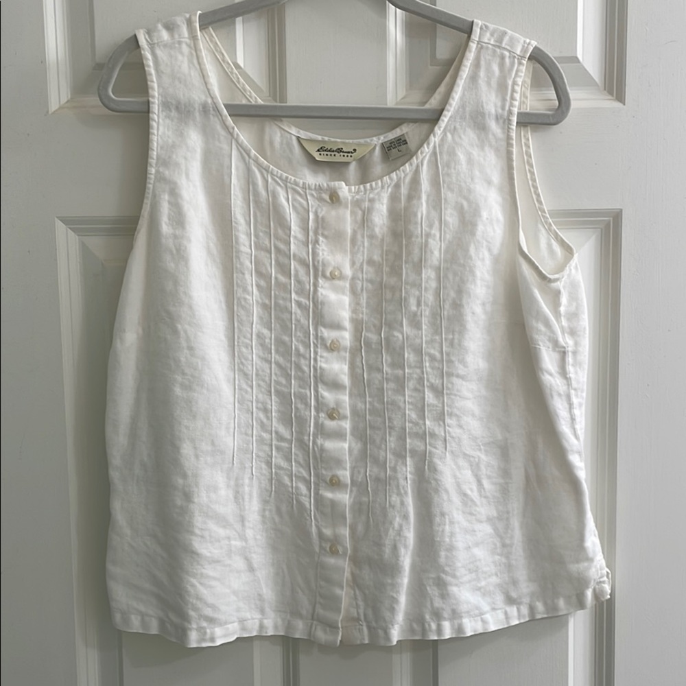 Eddie Bauer White Boxy Linen Top with pintucks